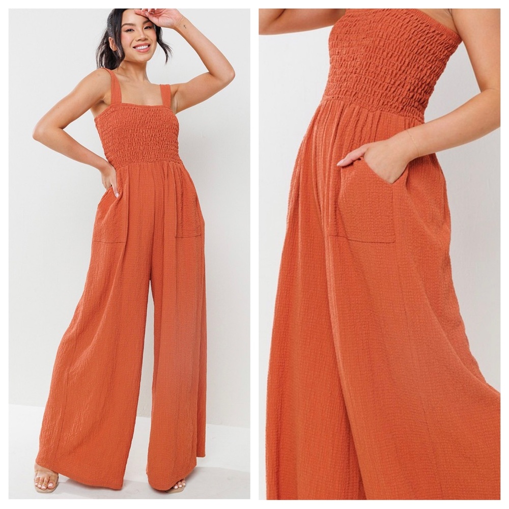 Fabulous Smocked Straight Neck Wide Leg Jumpsuit - Picture 4 of 4